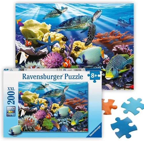 Ravensburger - Tortugas oceánicas - Rompecabezas de 200 piezas - Impresionante escena oceánica audaz - Imagen brillante de tortugas, corales y