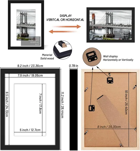 Miniatura 2 de Marcos de fotos de madera maciza de 8 x 10 pulgadas, 5 x 7 pulgadas con paspartú o 8 x 10 sin paspartú, marco de fotos para póster con montaje