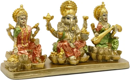 Miniatura 8 de alikiki Estatua hindú de Lakshmi Ganesha Saraswati – Ídolo de Laxmi Ganesh para decoración del tablero del automóvil, templo mandir Pooja, artículo