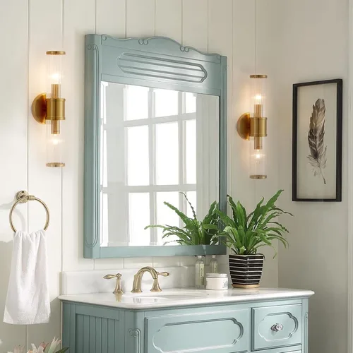 Miniatura 4 de Lámparas de baño – Aplique de pared dorado para iluminación de pared moderna con pantalla de vidrio para espejo de baño, dormitorio, sala de estar