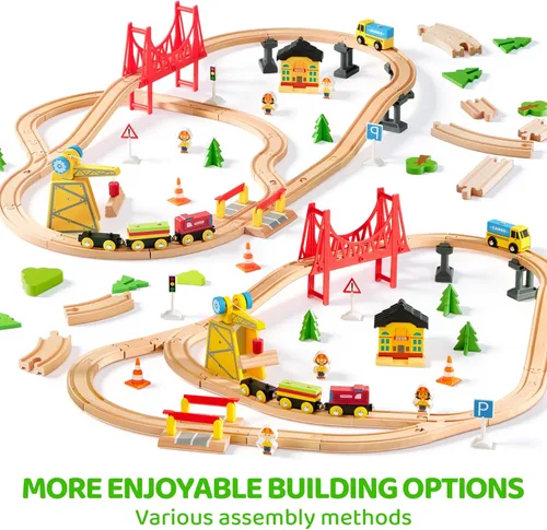 Miniatura 2 de Juego de trenes de madera de 60 piezas, trenes magnéticos de juguete con pista de madera para niños de 3 a 8 años, juego de tren de grúa