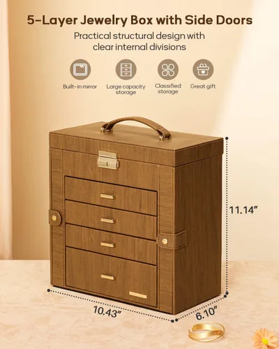 Miniatura 11 de Homde Regalos de Navidad de cuero sintético, enorme joyero, organizador de reloj con espejo, collar, anillo y aretes, estuche de regalo con Dorado