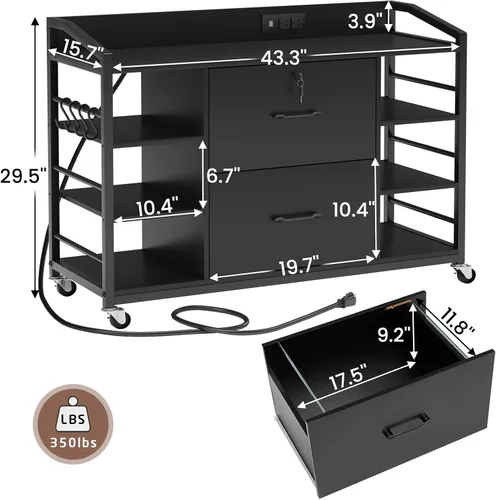 Miniatura 2 de SEDETA Archivador de 44 pulgadas, archivadores para tamaño legal, carta, tamaño A4, archivador de oficina con 2 cajones para oficina en casa