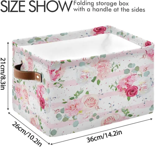 Miniatura 3 de Cesta de almacenamiento plegable con asas de cuero, con estampado de flores florales, organizador para estante Bethroom, armario, oficina, hogar, 1
