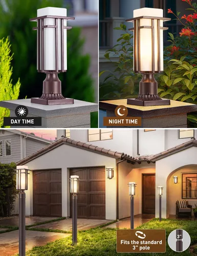 Miniatura 2 de Lámparas de poste al aire libre de bronce frotado al aceite, lámpara de poste impermeable con adaptador de montaje en muelle