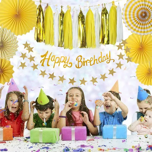 Miniatura 8 de Decoraciones de cumpleaños amarillas para mujer, 33 piezas, decoración de fiesta amarilla para niña con pancarta y abanicos de papel colgantes