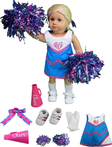 American Fashion World Uniforme de animación rosa y azul para muñecas de 18 pulgadas | Juego de 6 piezas | Calidad premium y diseño moderno