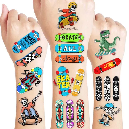 96 tatuajes temporales precortados para patineta, decoraciones de fiesta de cumpleaños con temática de patinaje, divertidas calcomanías para niños y