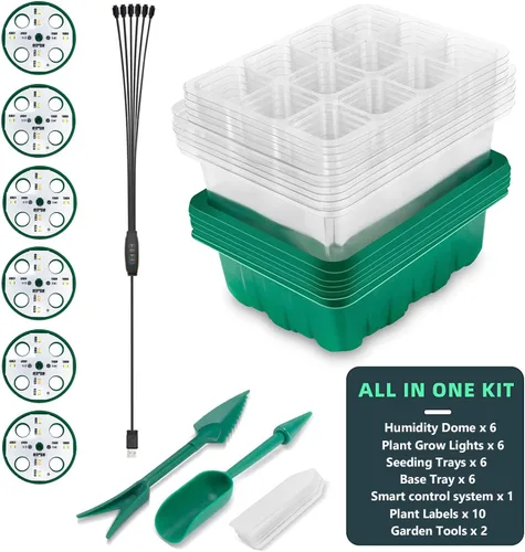 Miniatura 7 de Bandeja de inicio de plántulas, 6 paquetes de bandeja de inicio de semillas con luz de crecimiento, kit de bandejas de inicio de semillas con Con