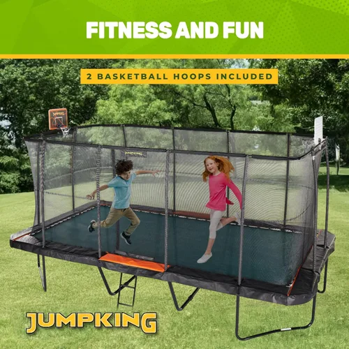 Miniatura 6 de JumpKing Trampolín rectangular para exteriores con recinto, escalera y red, cama elástica recreativa grande para niños y adultos, cumple con ASTM