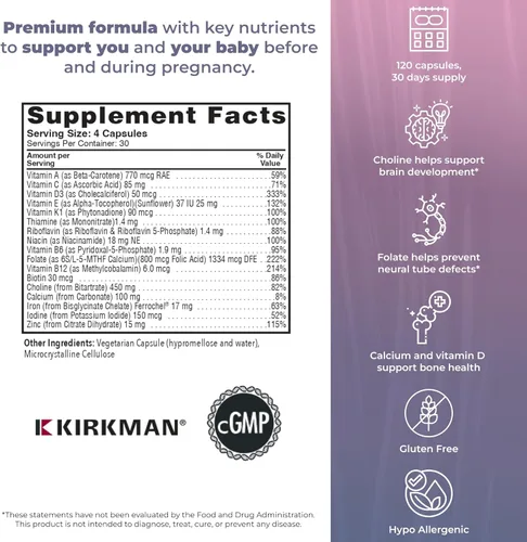 Miniatura 4 de Kirkman Vitaminas prenatales P2i para mujeres, multivitamínico con colina, 120 cápsulas, apoyo nutricional diario vital para una madre y un bebé