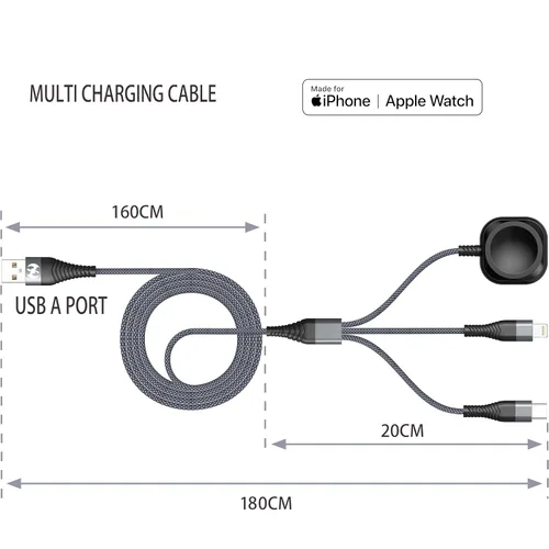 Miniatura 2 de Cable de carga múltiple de 6 pies para Apple Watch, puerto USB AM trenzado de nailon a Lightning tipo C, cable USB C para iWatch, cargador