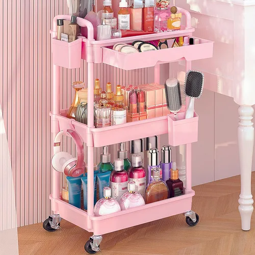 Miniatura 14 de Goovilla Carrito Organizador de Maquillaje Rodante con Cajón Extraíble, Carrito de Almacenamiento de Cuidado de la Piel de 3 Niveles Estable Negro