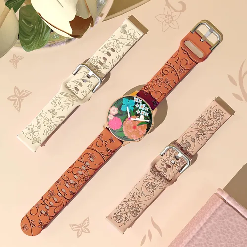 Miniatura 2 de Paquete de 3 correas grabadas con flores compatibles con Samsung Galaxy Watch 7 6 5 4 FE Active 2 1.575 in 1.732 in, Watch 6 4 Classic 1.654 in