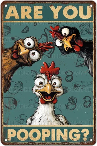 Letrero de estaño vintage de pollo, ¿estás haciendo caca? Póster retro de baño de metal, arte de pared divertido, inodoro, cueva de hombre, bar,