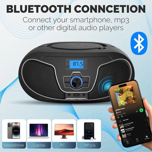 Miniatura 6 de Philips Boombox reproductor de CD, refuerzo dinámico de graves con Bluetooth, radio FM, reproducción USB y entrada AUX, Boombox portátil de carga