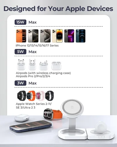 Miniatura 2 de Cargador inalámbrico para iPhone, estación de carga magnética 3 en 1 para Apple, soporte de cargador MagSafe para iPhone 17 Air 16 15 14 13 12