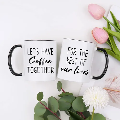 Miniatura 3 de Maustic Juego de tazas de café de 11 onzas para novios y novias, regalos para él y ella, regalo de despedida de soltera, Let's Have Coffee Together