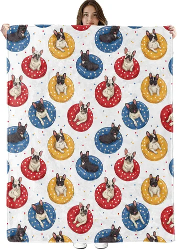 Bonita manta de bulldog francés, ligera, acogedora y colorida con anillos flotantes, manta de regalo para mujeres y niñas, 40 x 50 pulgadas, manta