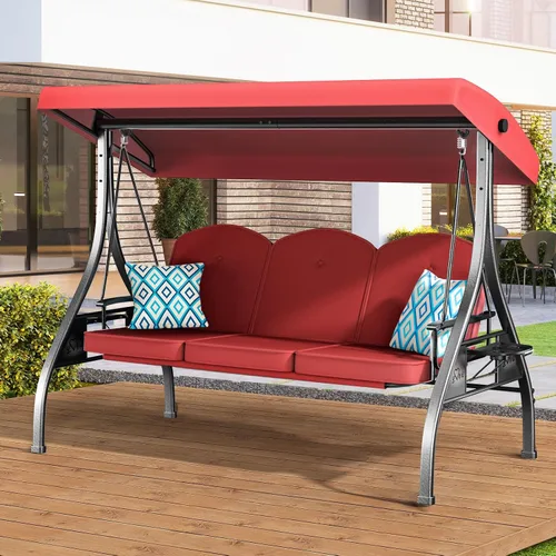 Miniatura 13 de ZZW Columpio de patio para porche al aire libre de 3 asientos con soporte de 800 libras, cama columpio convertible 2 en 1 con toldo ajustable