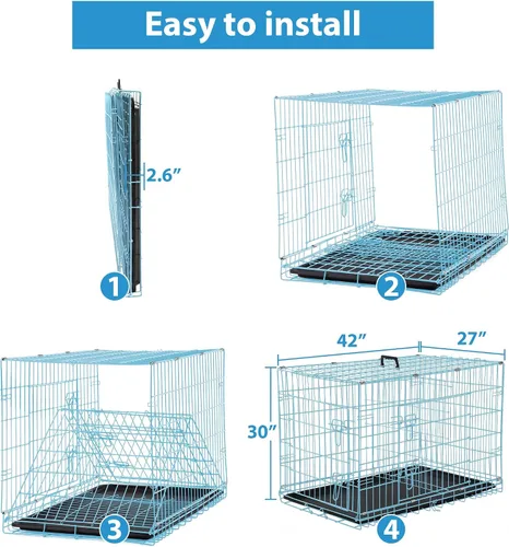 Miniatura 5 de Jaulas de 42 pulgadas para perros medianos, jaulas grandes para perros para viajes/interior/exterior, jaula plegable de metal con panel divisor, Azul