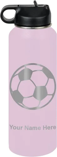 Miniatura 76 de LaserGram Botella de agua personalizada, pelota de fútbol, acero inoxidable de doble pared aislada al vacío con popote superior, regalo grabado