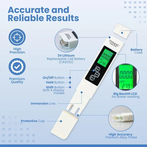 Miniatura 3 de Todo-nuevo medidor de agua digital TDS 2026 – Medidor 4 en 1 preciso y confiable de TDS, EC y temperatura (°C, °F) 0-9990 ppm, ideal para agua