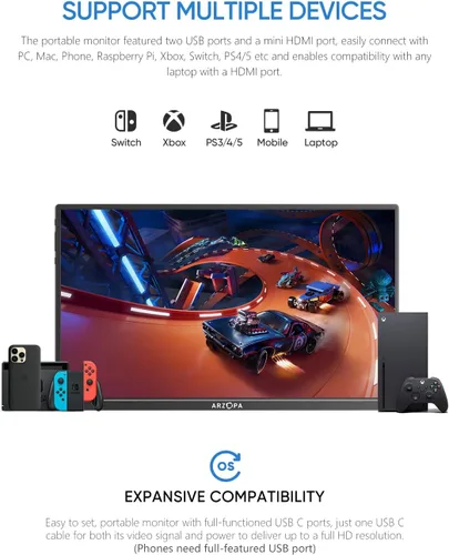 Miniatura 6 de ARZOPA Soporte para Monitor Portátil con Base, Monitor Portátil Ultradelgado de 14.0" para Laptop FHD 1080P Pantalla Externa con Altavoces Duales