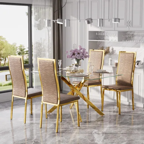 Miniatura 26 de Juego de mesa de comedor de cristal dorado moderno de 63 pulgadas para 6, juego de mesa de cocina rectangular de 7 piezas con patas de acero Negro