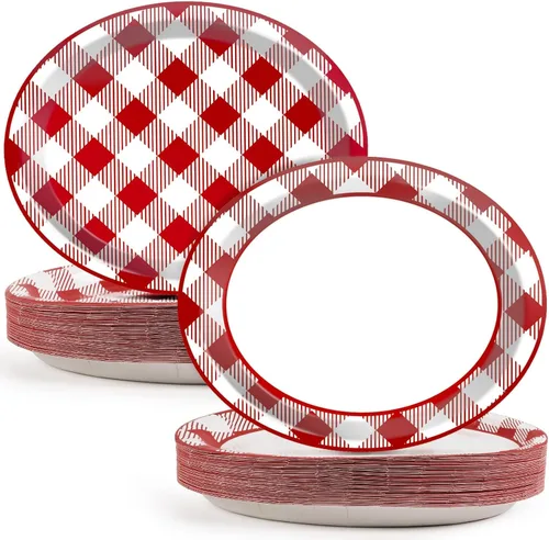 Miniatura 25 de 50 platos de papel ovalados de guinga rojo y verde de Navidad grandes de 11 pulgadas, desechables, decoraciones de fiesta temática de Navidad
