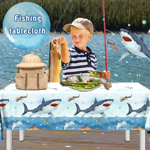 Miniatura 4 de CMUSKO Mantel de tiburón, 3 piezas de suministros de fiesta de cumpleaños de tiburón, cubierta de mesa de plástico desechable, mantel de decoración
