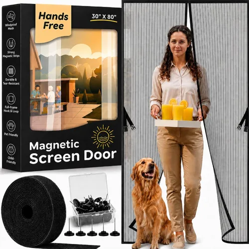 Puerta mosquitera magnética manos libres, resistente, protector de malla de puerta de mosquitero autosellado, apto para mascotas y niños, hebilla