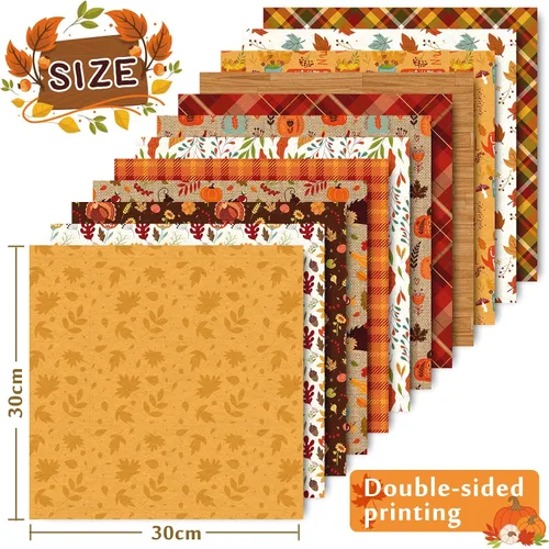 Miniatura 2 de Whaline 24 piezas de papel de otoño con patrón de Acción de Gracias, hojas de otoño coloridas a cuadros de calabaza a cuadros de doble cara, papel