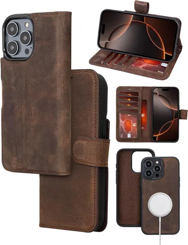Miniatura 17 de Bayelon Funda tipo cartera para iPhone 15 Pro Max, de cuero de grano completo, cubierta abatible magnética desmontable, tarjetero, funda tipo Marrón