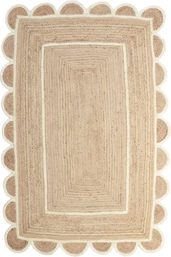 Miniatura 12 de Alfombra festoneada de yute natural, base natural, borde blanco hueso, 2 pies x 6 pies