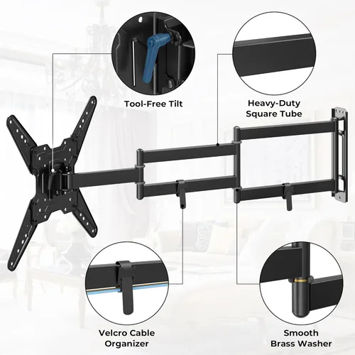 Miniatura 6 de BONTEC Soporte de pared para TV para pantallas planas y curvas de 26 a 65 pulgadas con extensión de 37.4 pulgadas de largo, diseño giratorio