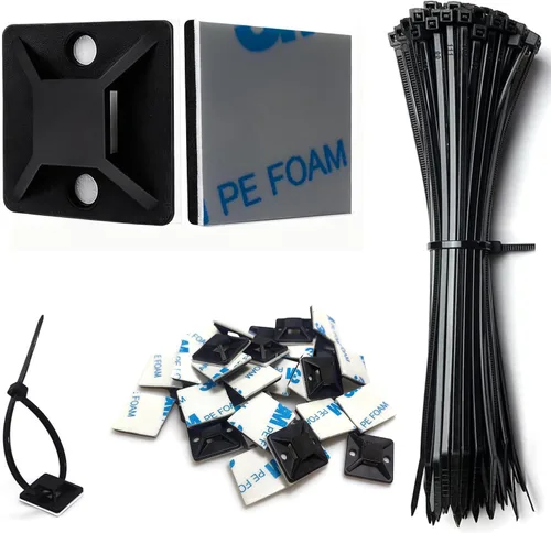 Kit de soportes de cable con pegamento trasero autoadhesivo fuerte - 100 piezas de clips de gestión de cables con bridas de 6 pulgadas, soportes de
