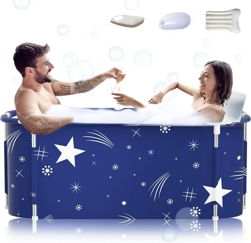 Miniatura 9 de Bañera plegable portátil extra grande de 53 pulgadas con marco de metal para adultos, bañera familiar con cubierta para baño pequeño, bañera gruesa