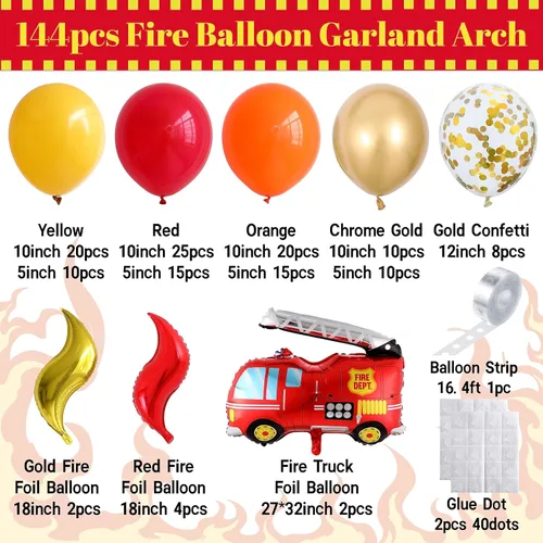 Miniatura 2 de Juego de arco de globos de fuego, 144 globos rojos, amarillos y dorados con globos de camión de bomberos de aluminio para suministros de fiesta