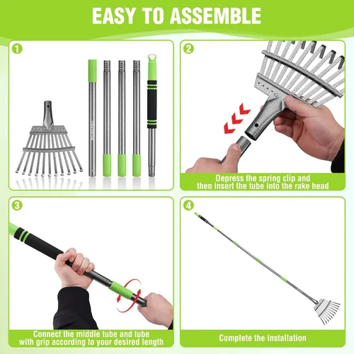 Miniatura 6 de WORKPRO Rastrillo, rastrillo pequeño para hojas con mango largo ajustable de 72 pulgadas, 11 púas de acero, rastrillos de hojas de metal resistentes