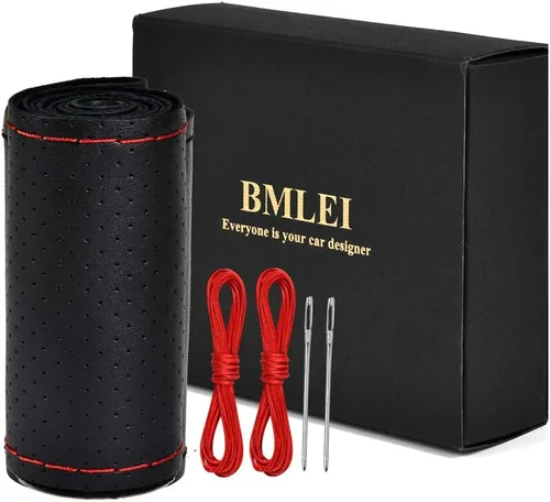 Miniatura 10 de BMLEI Funda de volante de cuero genuino superior con diseño antideslizante, acolchado suave, universal de 15 pulgadas para automóvil, con costura
