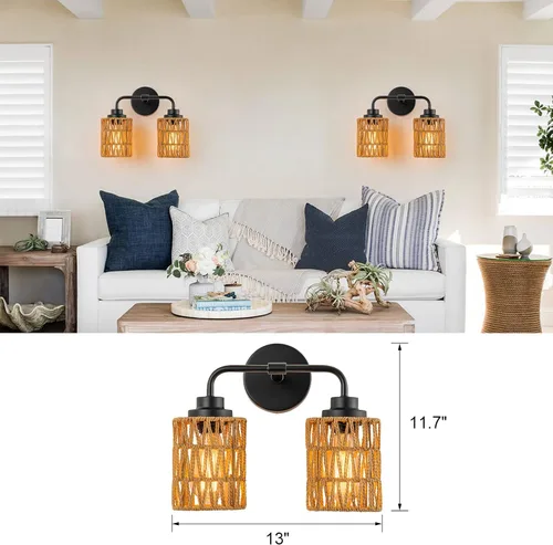 Miniatura 4 de Lámparas de baño bohemias, luces rústicas de tocador de 2 luces sobre el espejo, iluminación de ratán de granja con persianas tejidas a mano