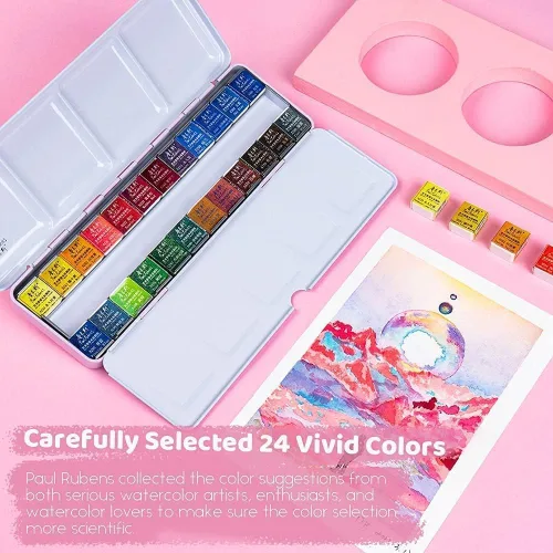Miniatura 5 de Paul Rubens Juego de pintura de acuarela grado artista, 24 colores vivos con caja de metal portátil para artistas, principiantes, aficionados