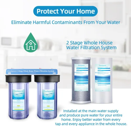 Miniatura 3 de Geekpure Sistema de filtro de agua de 2 etapas para toda la casa con carcasa transparente grande de 10 pulgadas PP y filtros de carbono, 1 pulgada