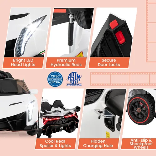 Miniatura 7 de Costzon - Automóvil de paseo con licencia Lamborghini de 12 V, 4 ruedas motrices, deportivo con control remoto, 3 velocidades, puertas hidráulicas