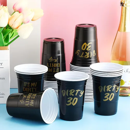 Miniatura 7 de Rtteri 48 piezas de vasos de cumpleaños para fiesta de 30 años sucios, vasos desechables de 16 oz, vaso de estadio negro dorado, sucio treinta, vaso