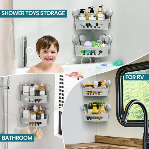 Miniatura 6 de TAILI Organizador de ducha de esquina con ventosas, organizador de pared montado, estante de plástico para baños pequeños, cocina, cesta de estante