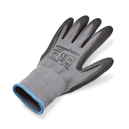 Miniatura 4 de Amazon Basics Guantes con revestimiento de nitrilo de microespuma, fibra de forro de nailon, pantalla táctil, gris, talla 7 (S), paquete de 6