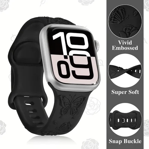 Miniatura 2 de Melyis Correa deportiva de silicona suave grabada con diseño floral y mariposa compatible con Apple Watch de 1.575 pulgadas, 1.614 pulgadas, 1.496