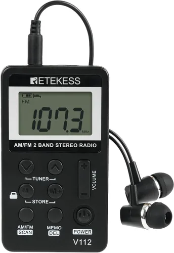 Retekess V112 Radio de Bolsillo AM FM, Radio Digital con Auricular, Batería Recargable con Pantalla LCD para Caminar, Trotar, Entrenamiento (Negro)
